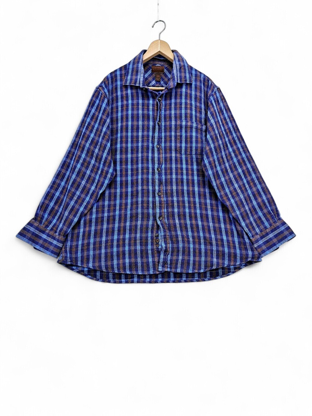 Born Men's XL Blue Brown Plaid Long Sleeve Cotton Button-Up Shirt
